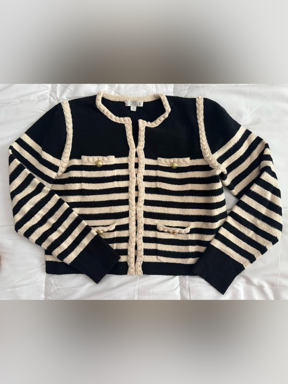 J CREW LADY JACKET MILITARY Striped Black and Cream Women’s Knit Cardigan Small